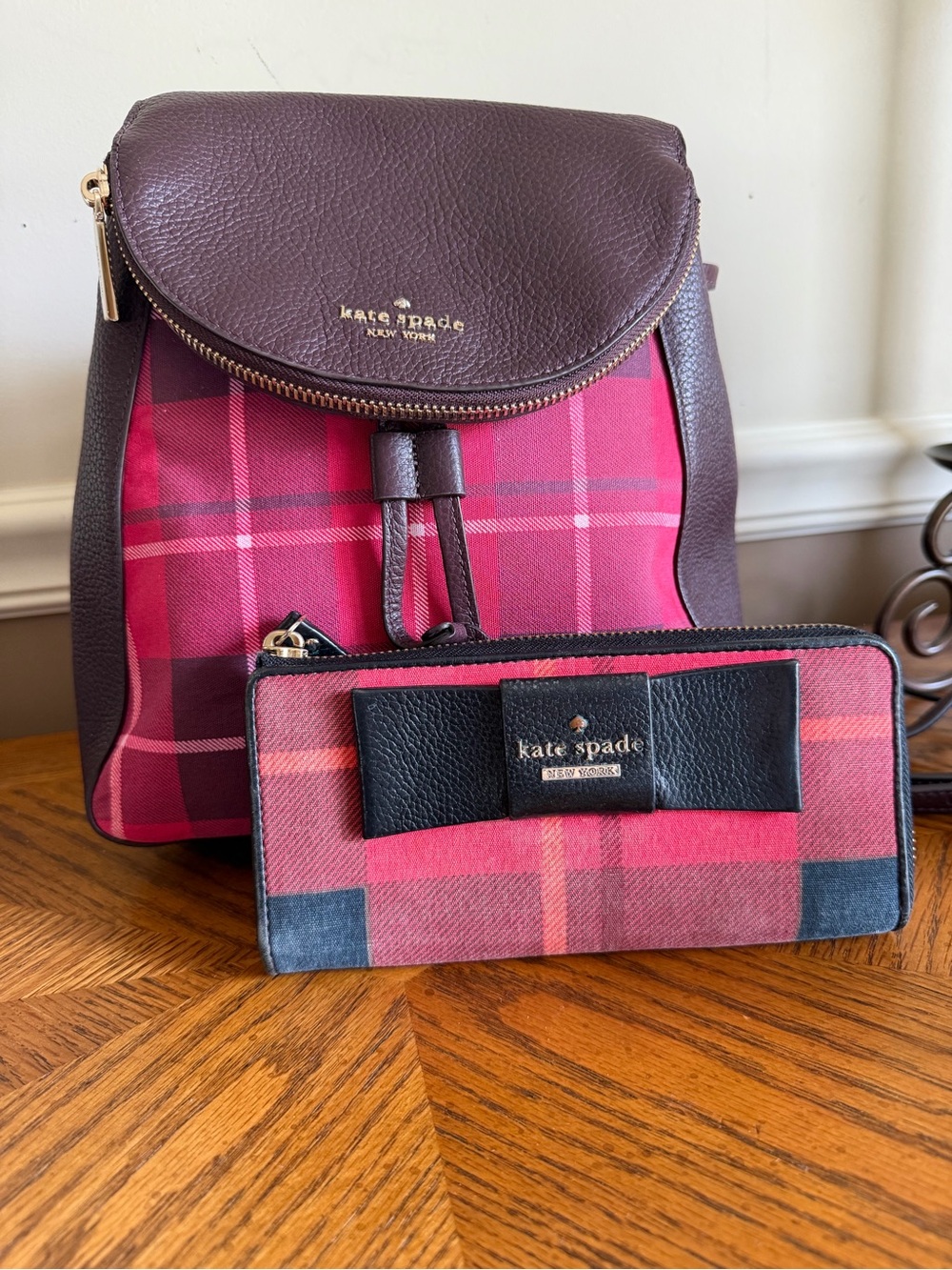 kate spade Leila red and black plaid Backpack with leather trim Near new - Picture 14 of 14